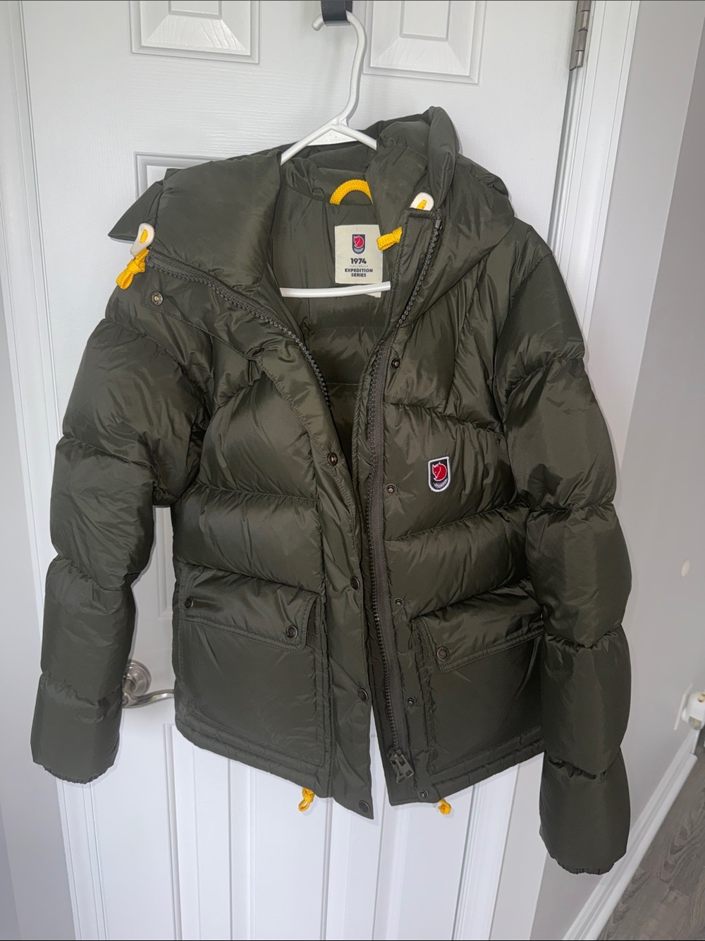 Fjallraven Olive Green Puffer Jacket with Yellow Accents